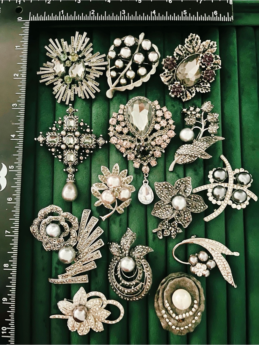VTG Styles Rhinestone Pearl Brooch Lot 15 Gunmetal Dark Silver Black Tone Floral